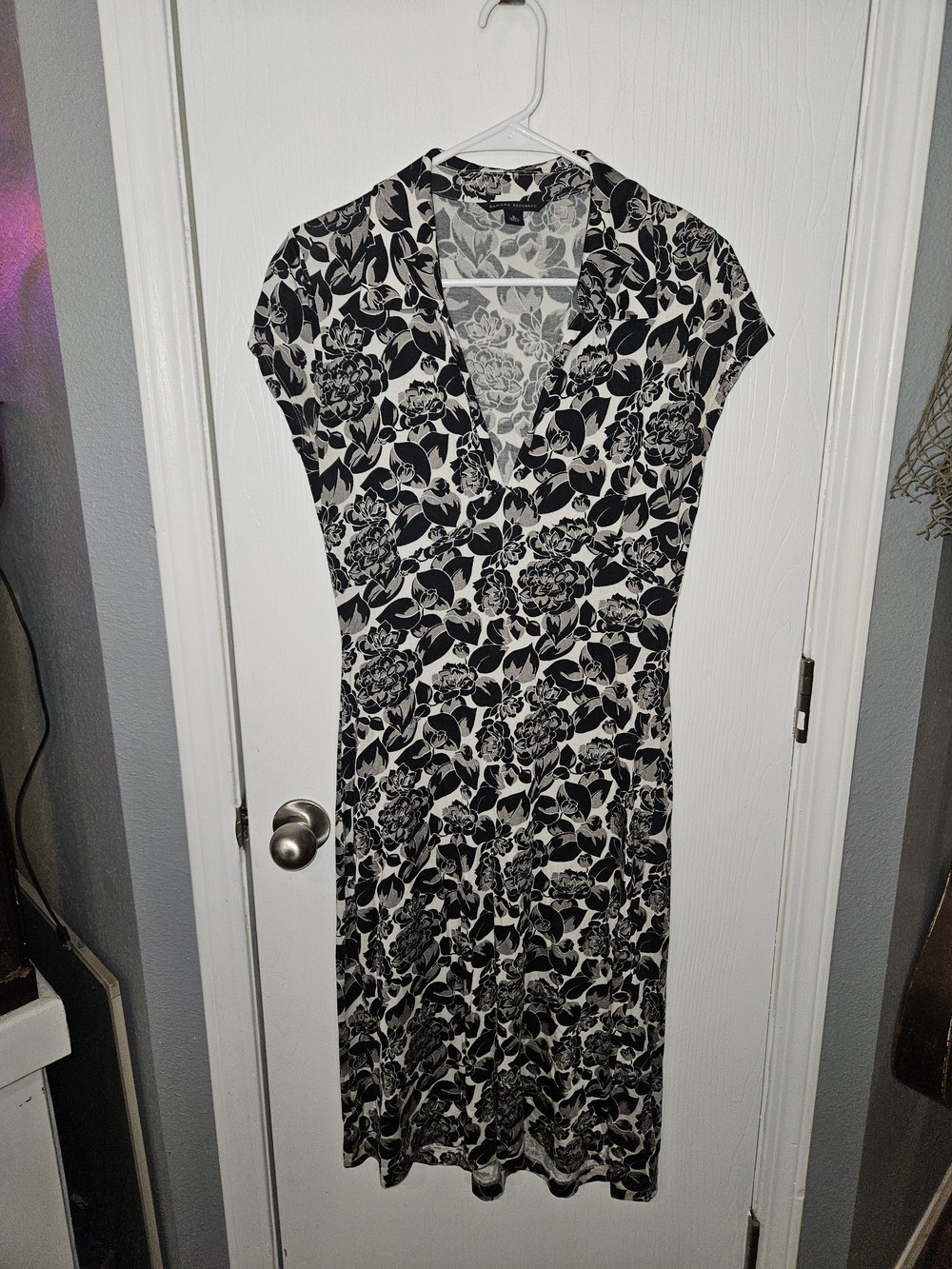 Banana Republic Black and White Floral V-Neck Midi Dress